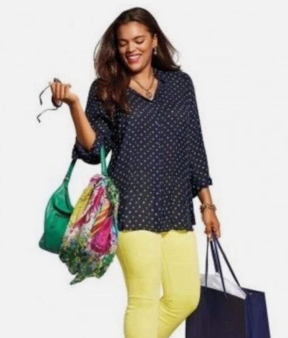 Cabi Martini Top Med #5019 Navy Green Print 3/4 Sleeve Button Blouse Spring 2016
